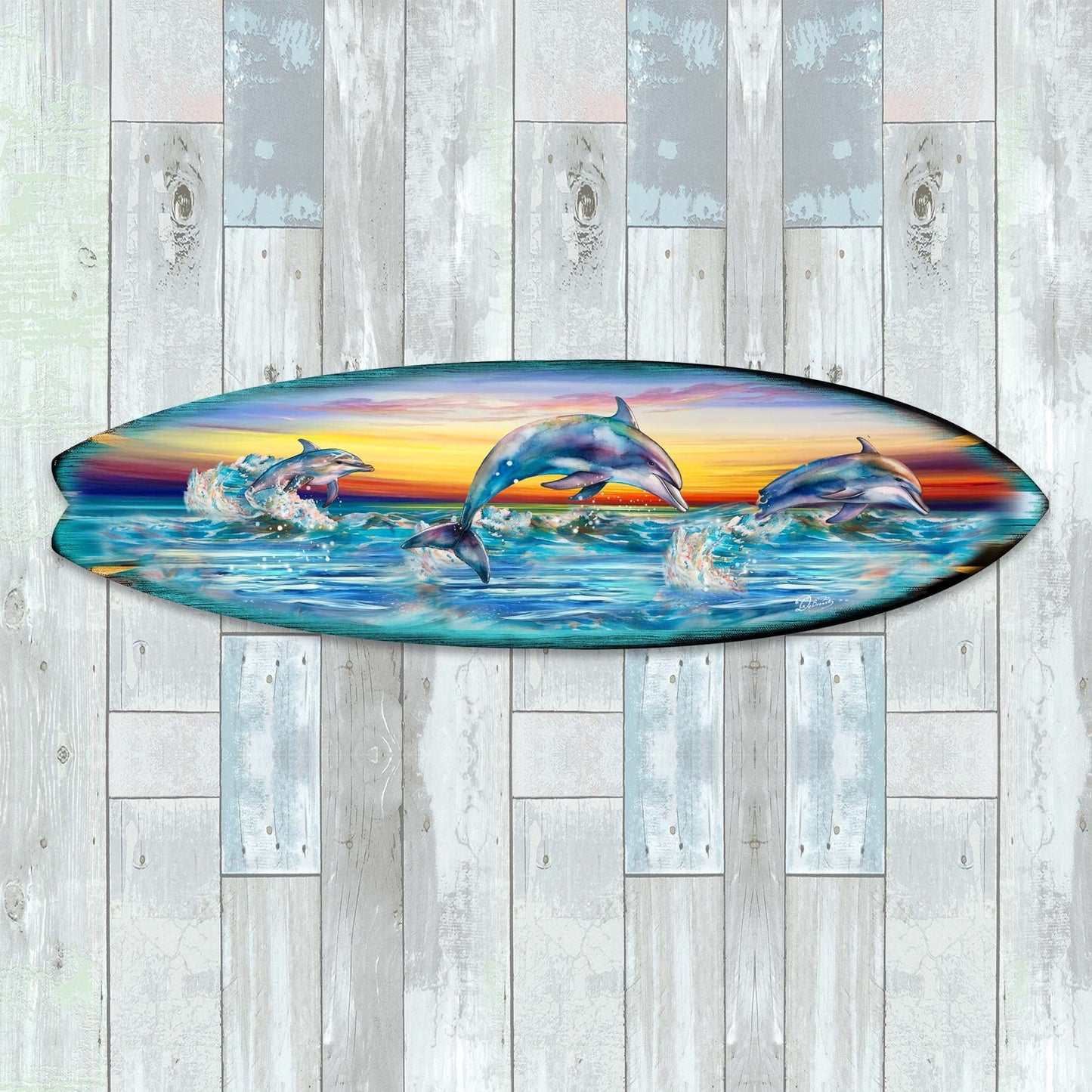 Dolphin's Dance Surfboard Coastal Wall Art by G. DeBrekht - Coastal Holiday Decor - 8490122HS-3