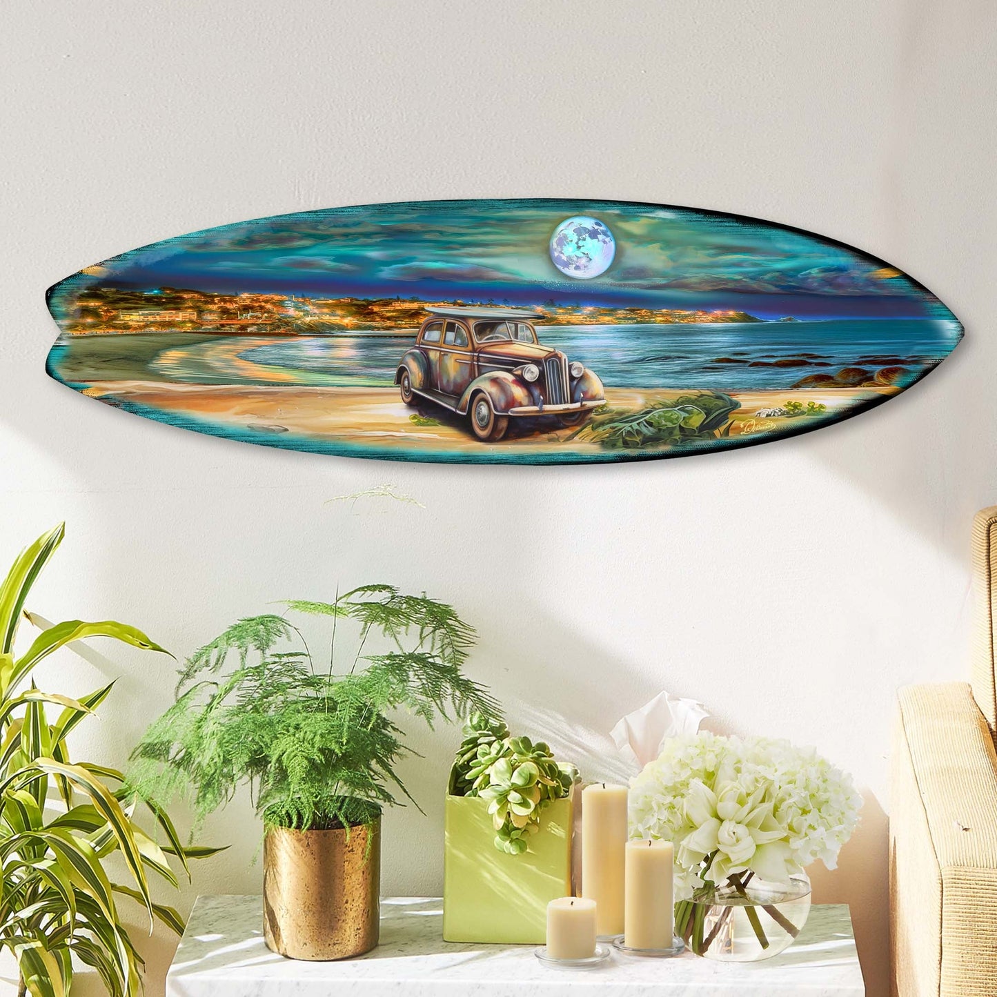 Night Beach Surfboard Coastal Wall Art by G. DeBrekht - Coastal Holiday Decor - 8490123HS-2
