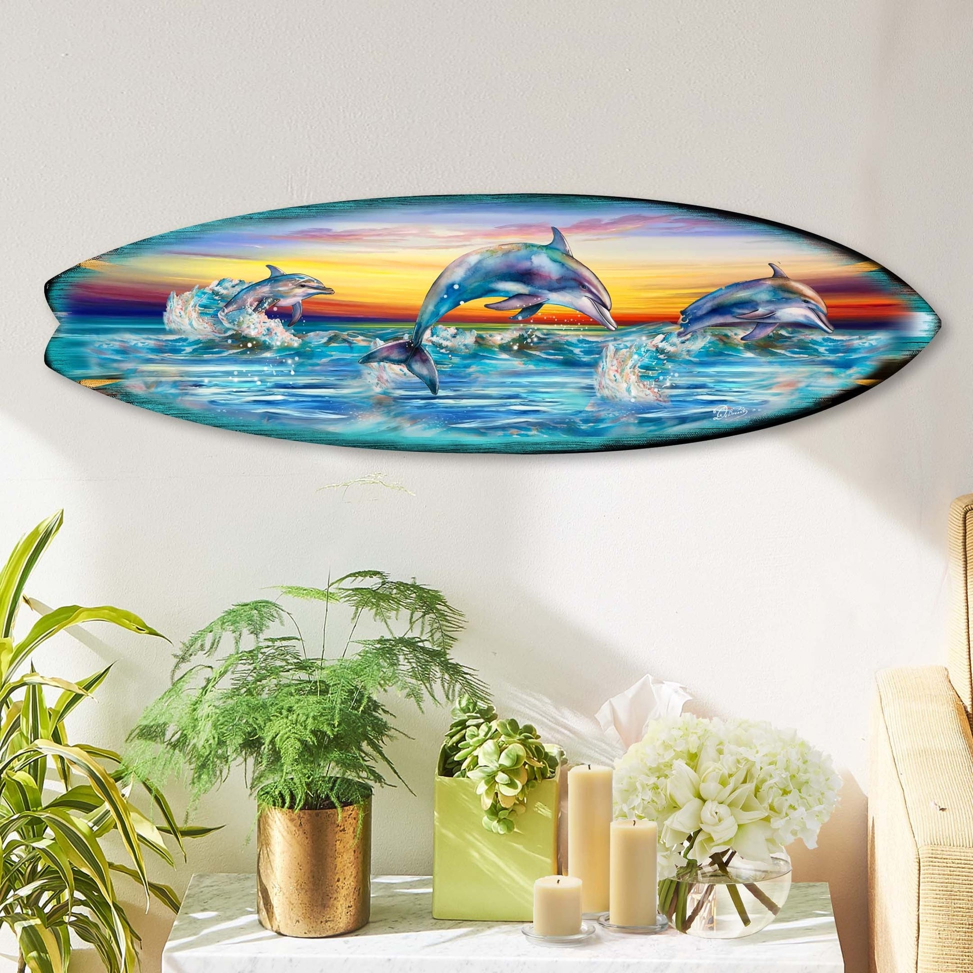 Dolphin's Dance Surfboard Coastal Wall Art by G. DeBrekht - Coastal Holiday Decor - 8490122HS-2