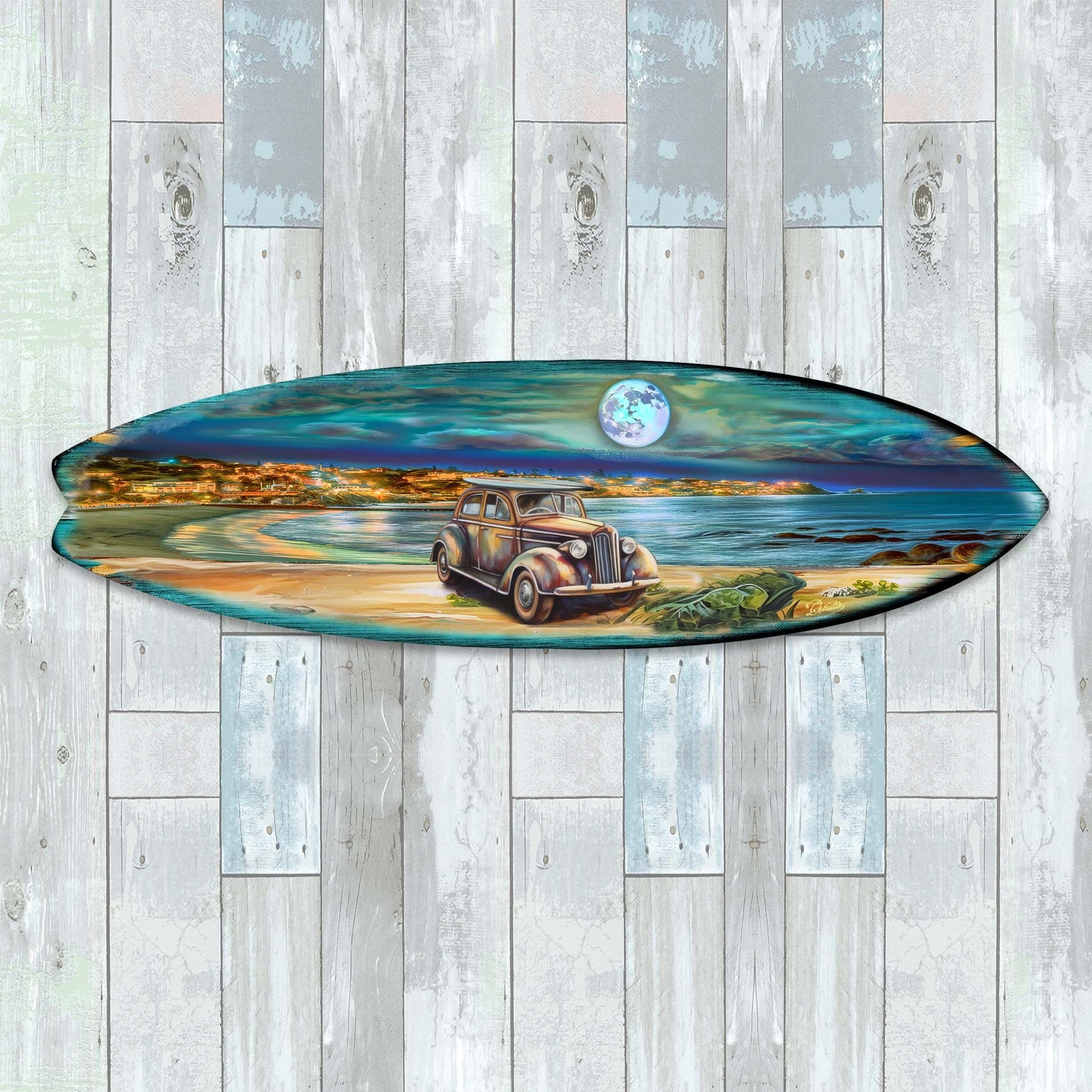 Night Beach Surfboard Coastal Wall Art by G. DeBrekht - Coastal Holiday Decor - 8490123HS-3