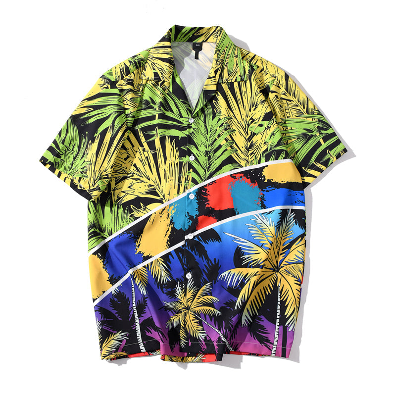 Fashion Summer Leaves Print Orange Beach Hawaiian Aloha Shirts Mens Casual Short Sleeve Shirt Camisas Shirts Tops