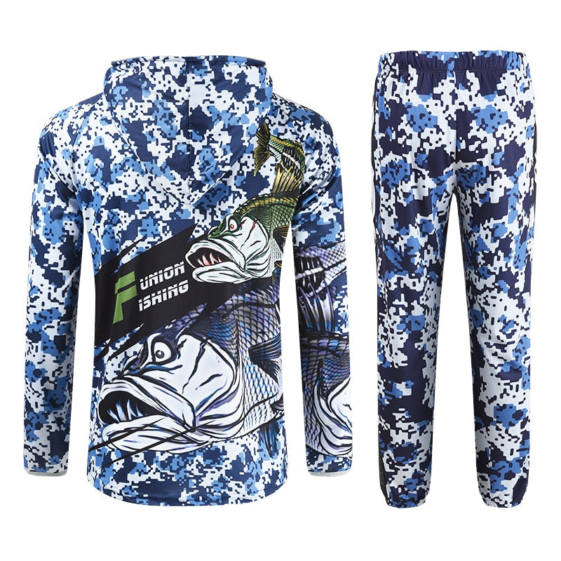 Quick Dry Bass Fishing Clothing set Long Sleeve Camouflage Hooded Breathable Anti-UV Sun Protection clothes fishing shirts