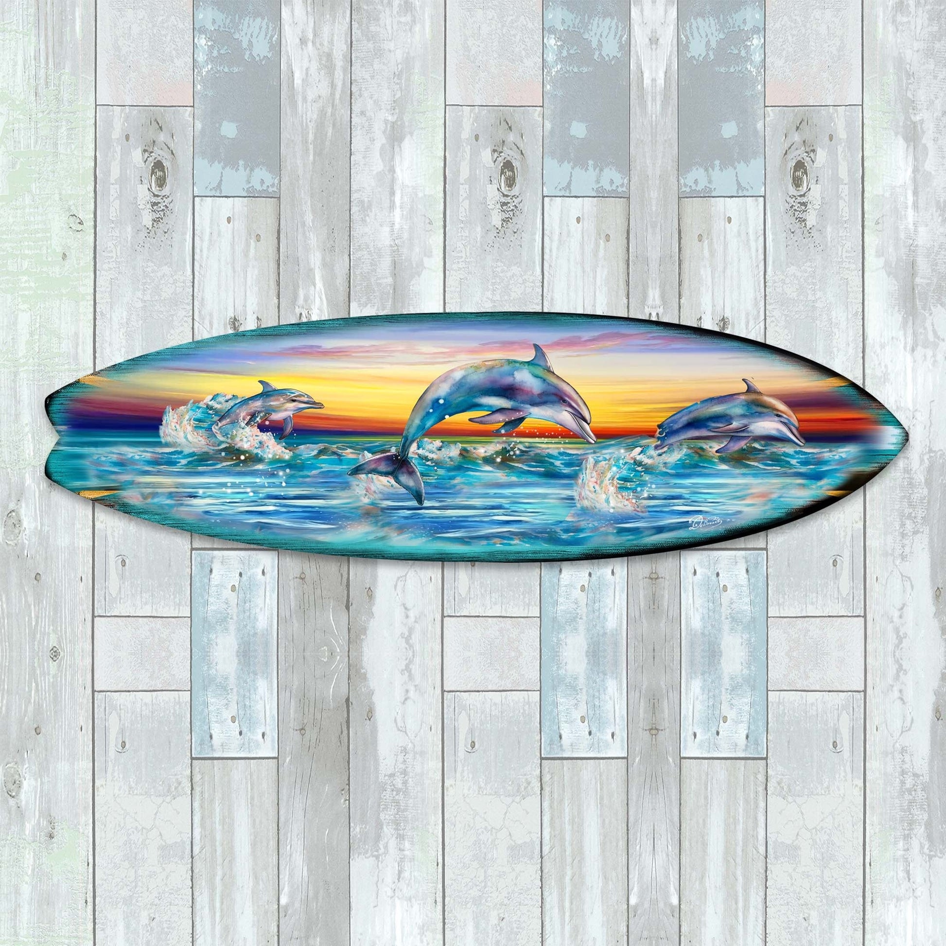 Dolphin's Dance Surfboard Coastal Wall Art by G. DeBrekht - Coastal Holiday Decor - 8490122HS-3