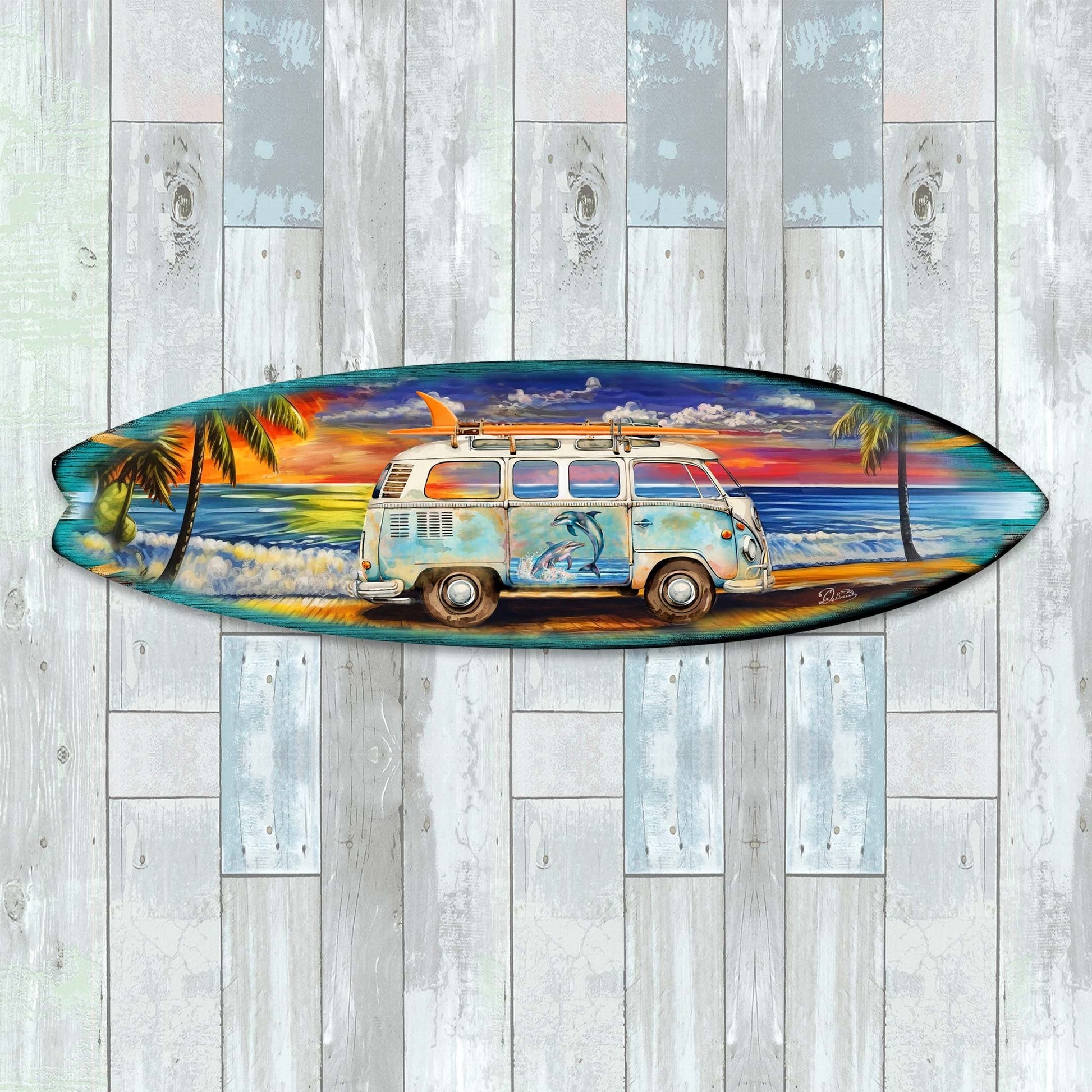 Surf Van at the Beach Surfboard Coastal Wall Art by G. DeBrekht - Coastal Holiday Decor - 8490120HS-3