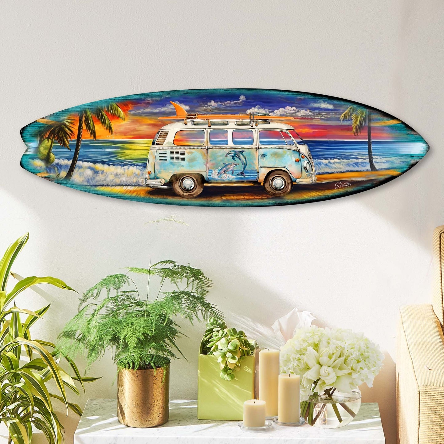 Surf Van at the Beach Surfboard Coastal Wall Art by G. DeBrekht - Coastal Holiday Decor - 8490120HS-2