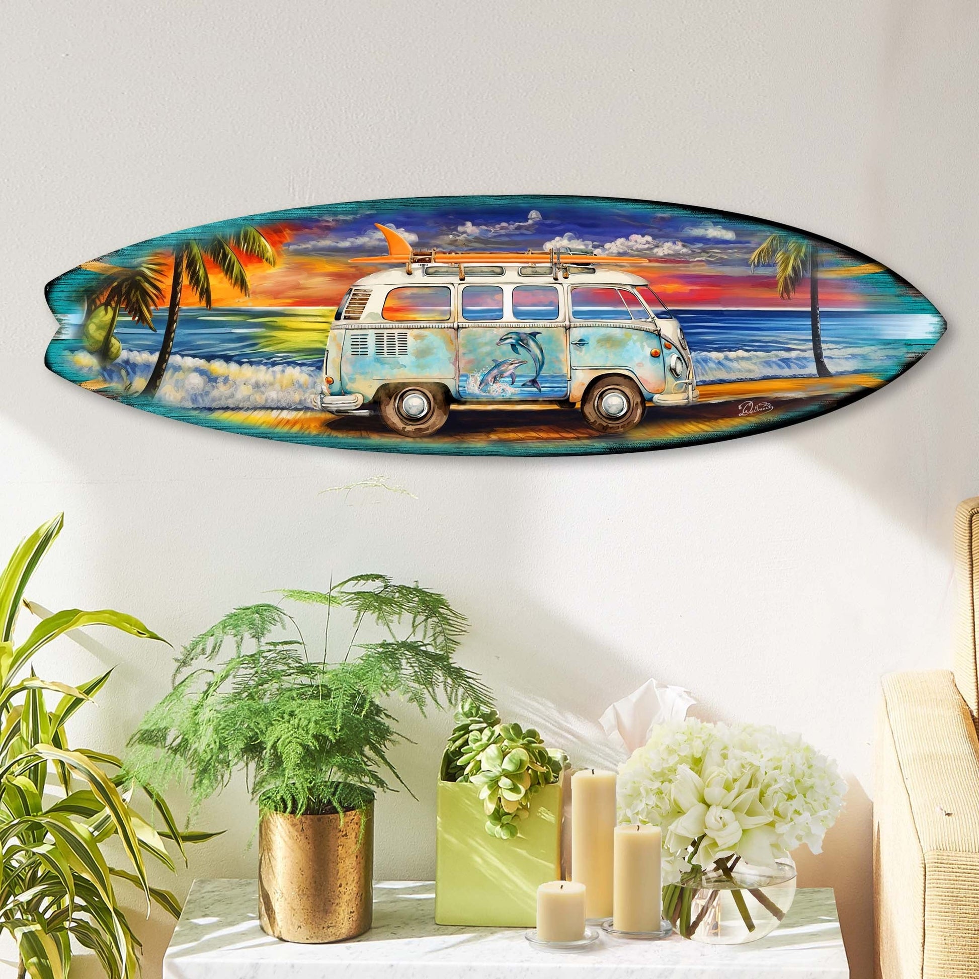 Surf Van at the Beach Surfboard Coastal Wall Art by G. DeBrekht - Coastal Holiday Decor - 8490120HS-2