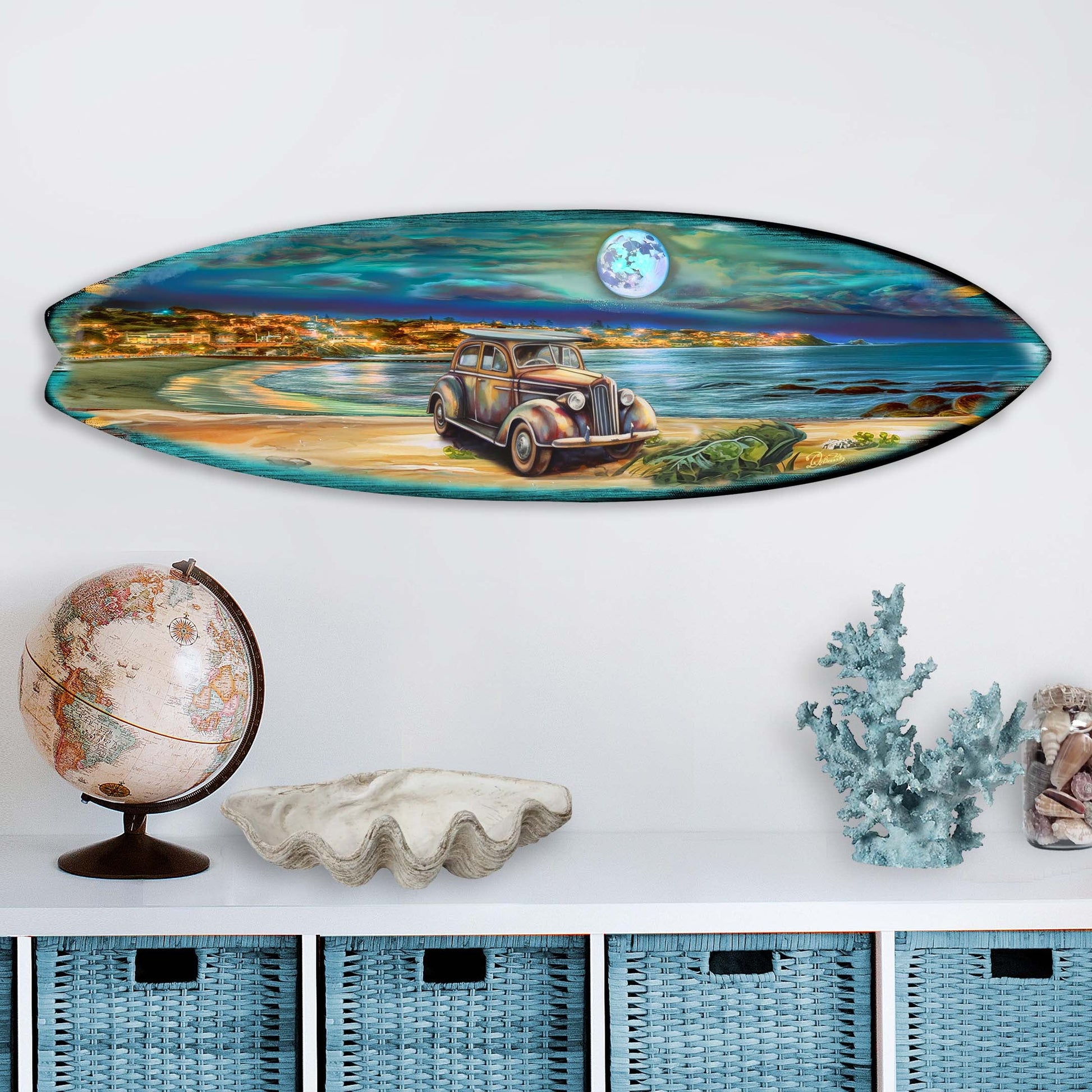 Night Beach Surfboard Coastal Wall Art by G. DeBrekht - Coastal Holiday Decor - 8490123HS-1