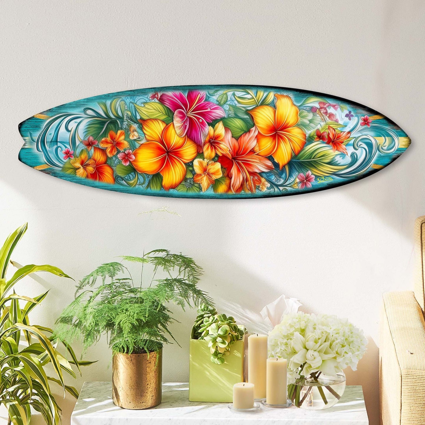 Hawaiian Flowers Surfboard Coastal Wall Art by G. DeBrekht - Coastal Holiday Decor - 8490121HS-3