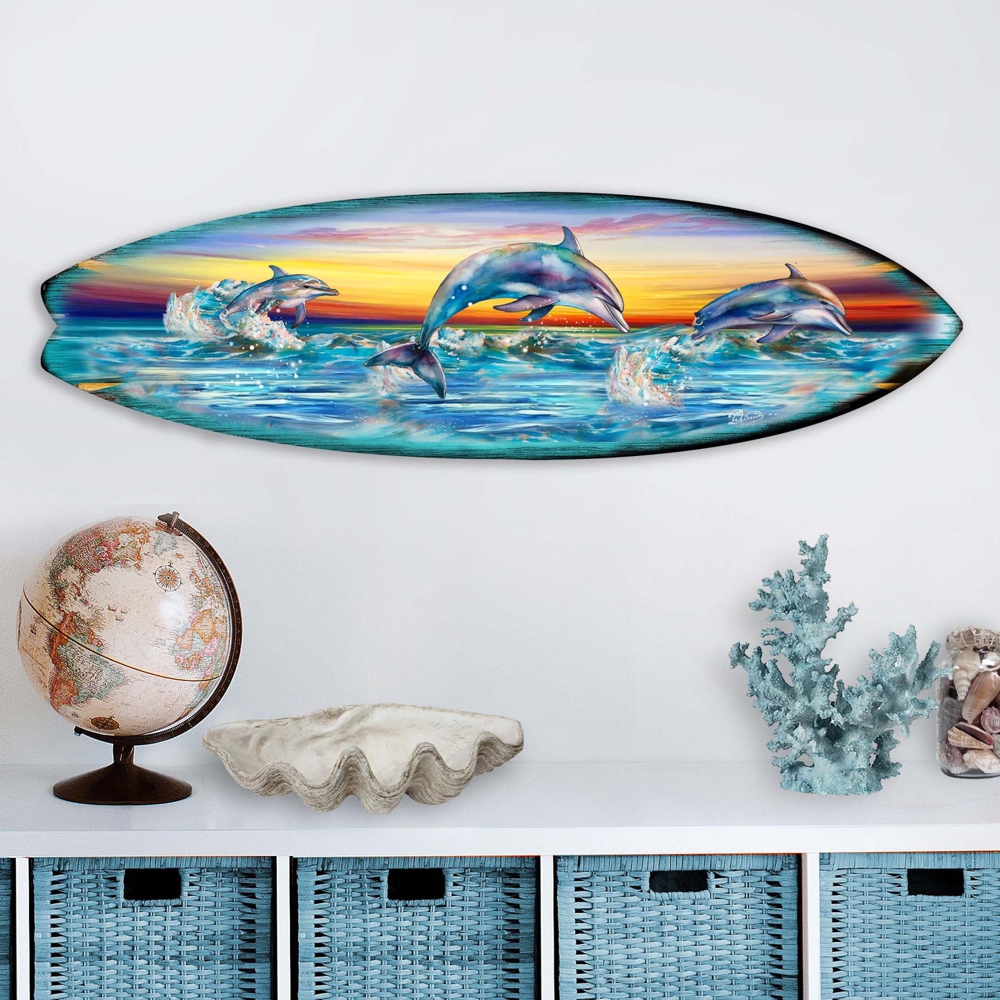Dolphin's Dance Surfboard Coastal Wall Art by G. DeBrekht - Coastal Holiday Decor - 8490122HS-1