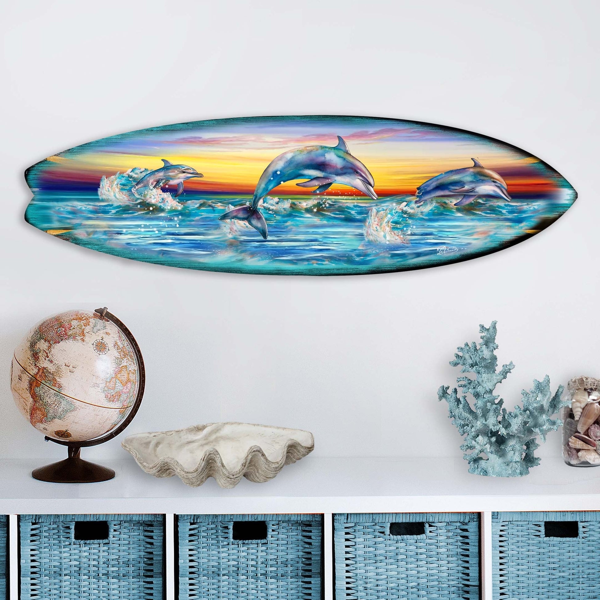 Dolphin's Dance Surfboard Coastal Wall Art by G. DeBrekht - Coastal Holiday Decor - 8490122HS-1