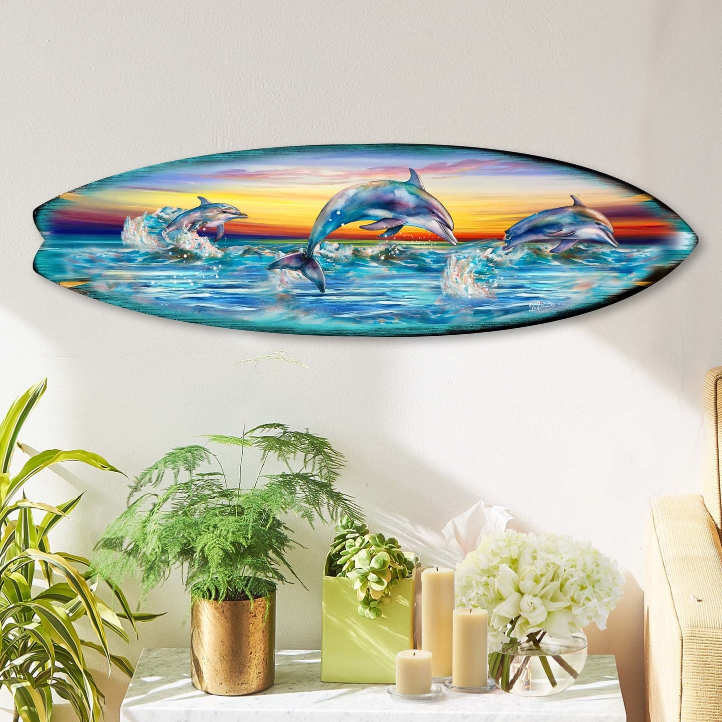 Dolphin's Dance Surfboard Coastal Wall Art by G. DeBrekht - Coastal Holiday Decor - 8490122HS-2