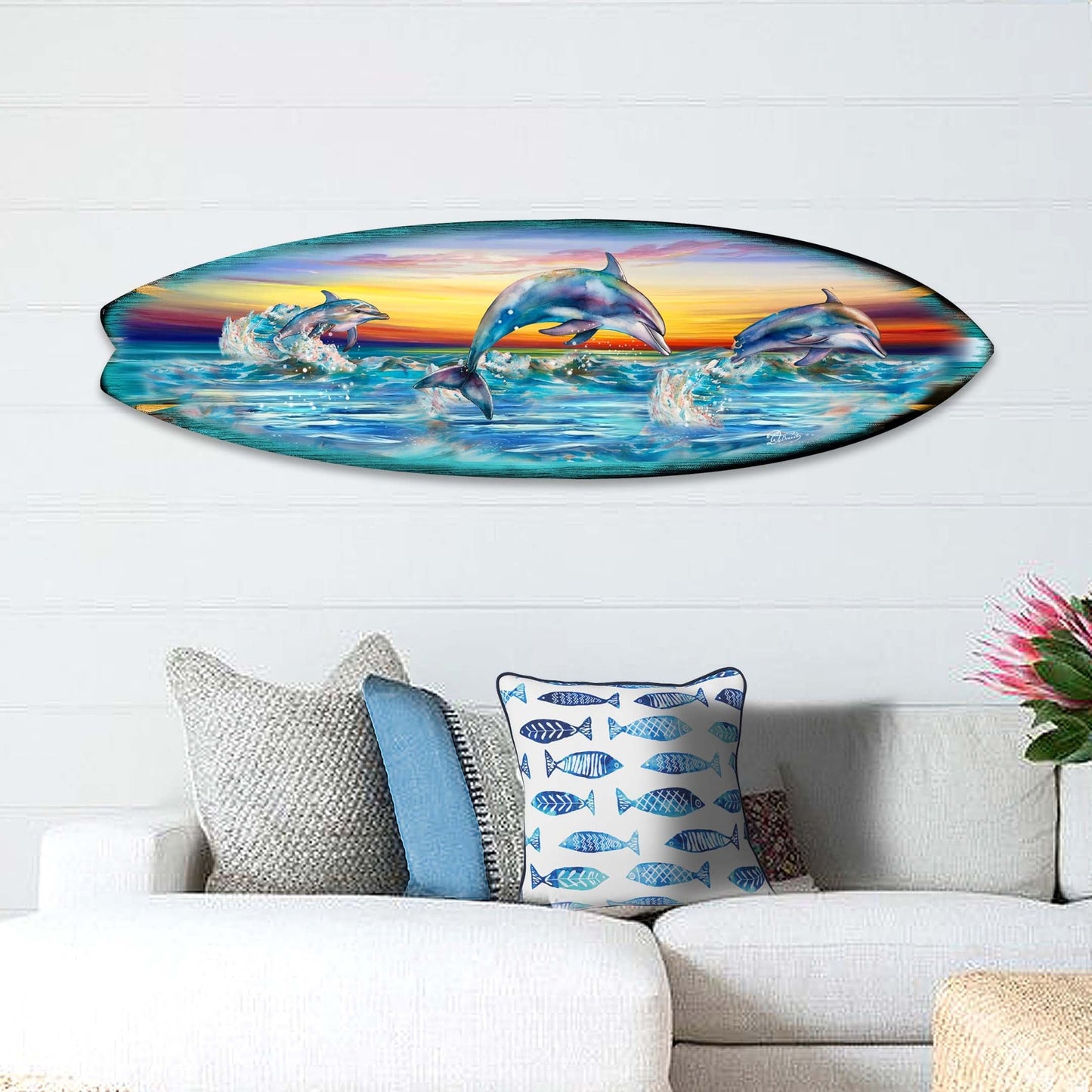Dolphin's Dance Surfboard Coastal Wall Art by G. DeBrekht - Coastal Holiday Decor - 8490122HS-0