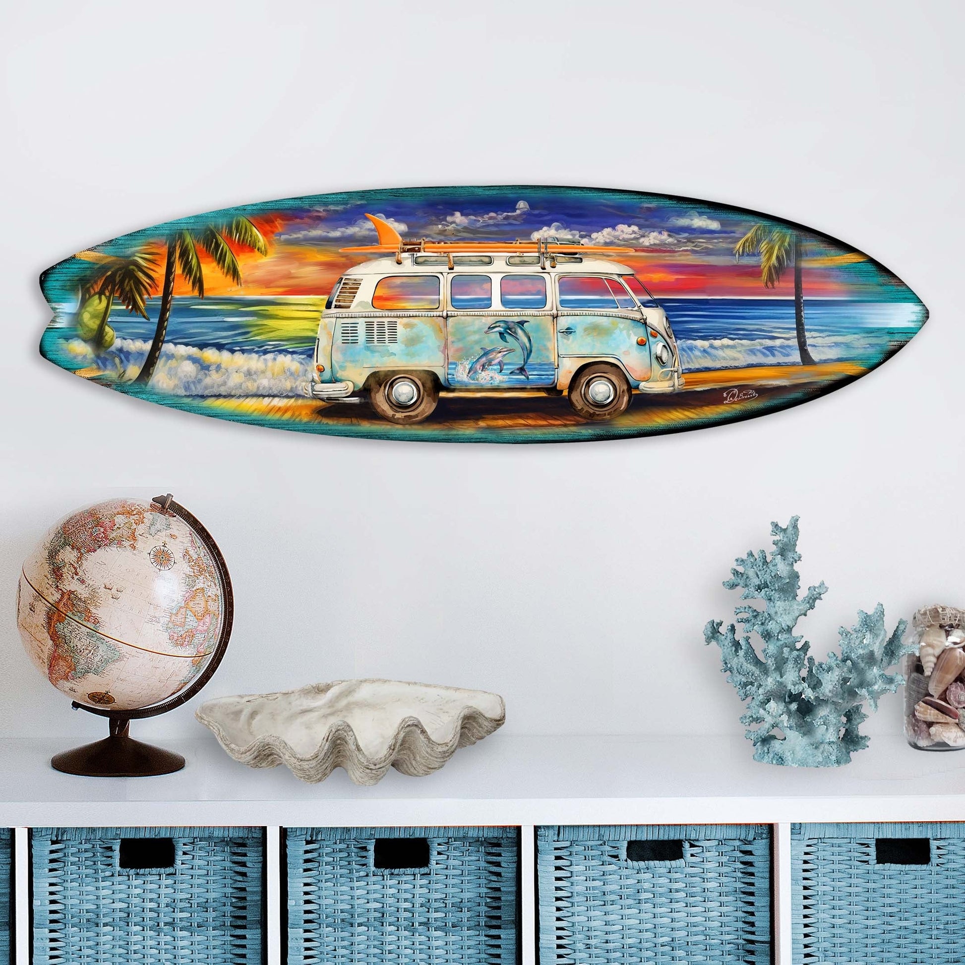 Surf Van at the Beach Surfboard Coastal Wall Art by G. DeBrekht - Coastal Holiday Decor - 8490120HS-1