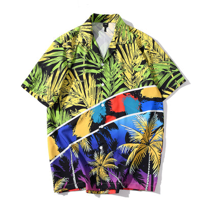 Fashion Summer Leaves Print Orange Beach Hawaiian Aloha Shirts Mens Casual Short Sleeve Shirt Camisas Shirts Tops